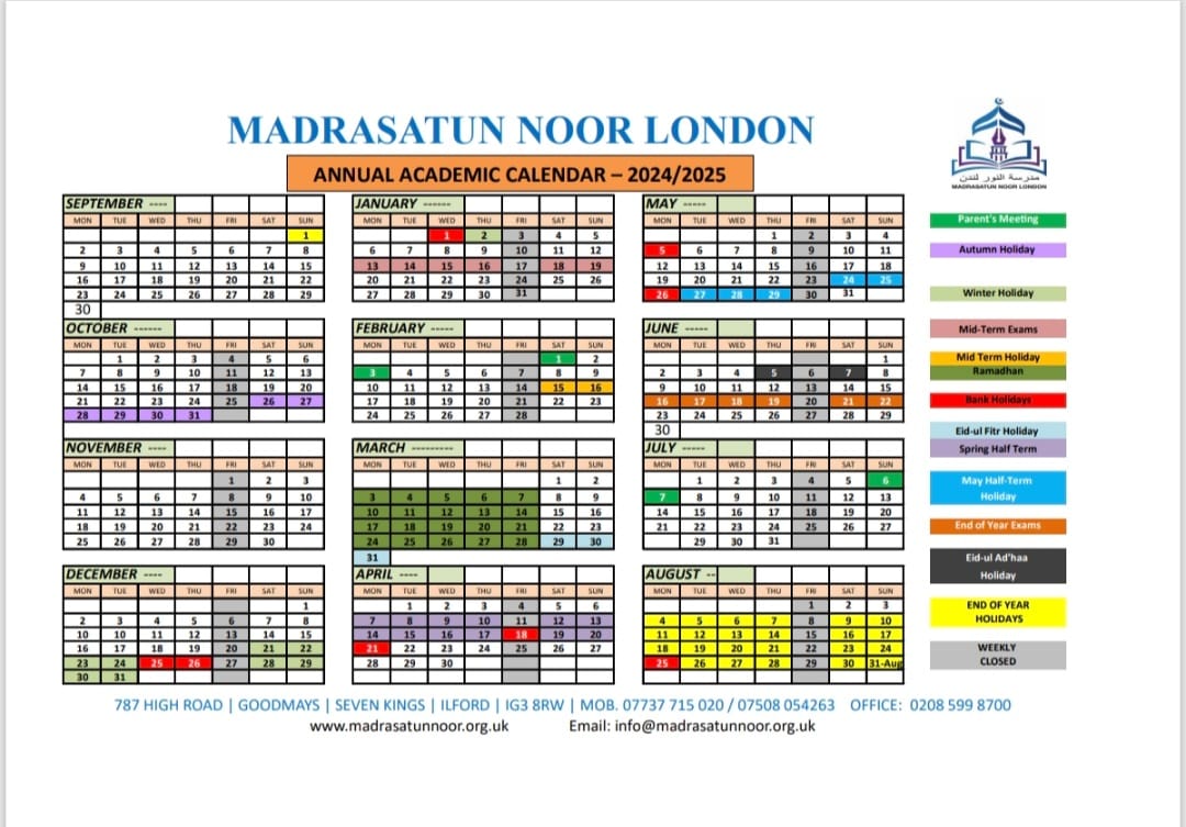 annual academic calender of madrasatun noor london